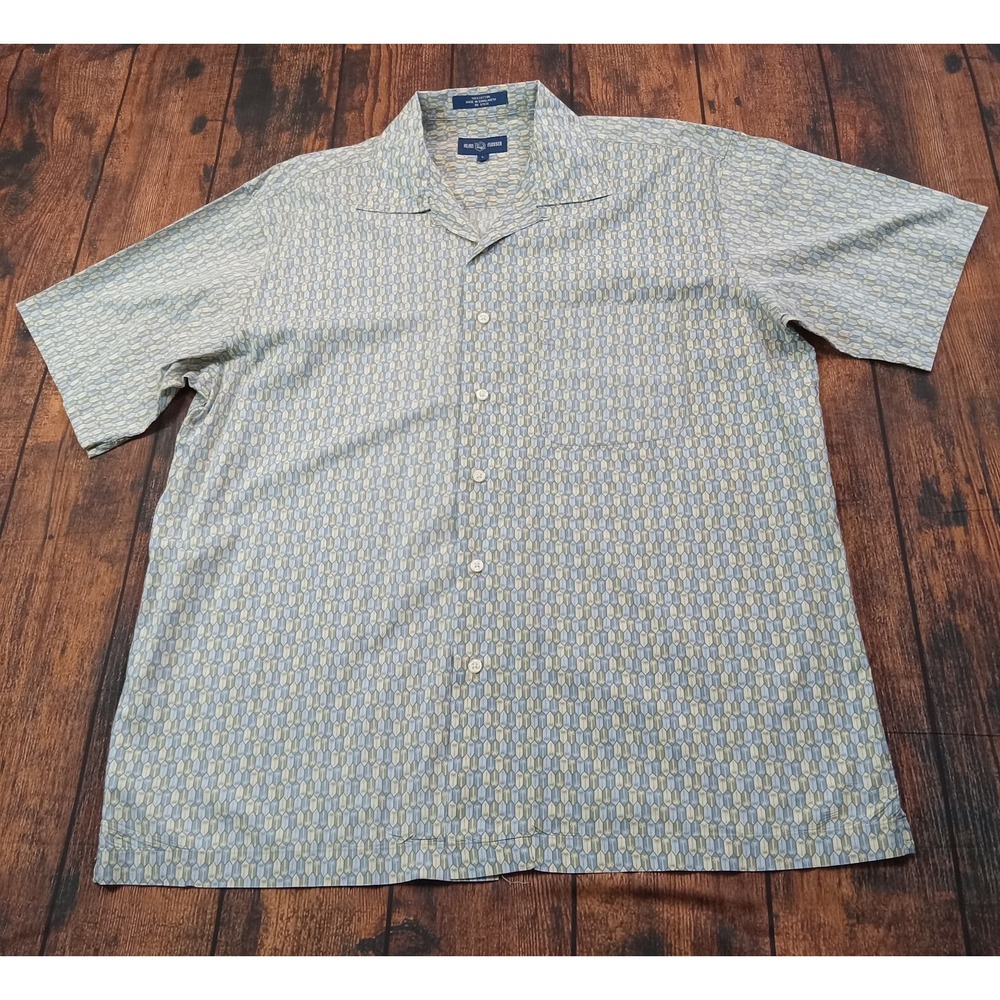 Alan Flusser Short Sleeve Loop Collar Camp Shirt Men's Large Blue‎ Green